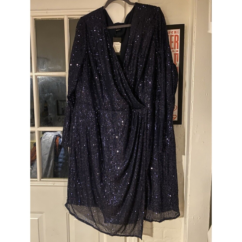 City Chic Women’s Navy Sequin Dress Mock Wrap Size 24 NWT
